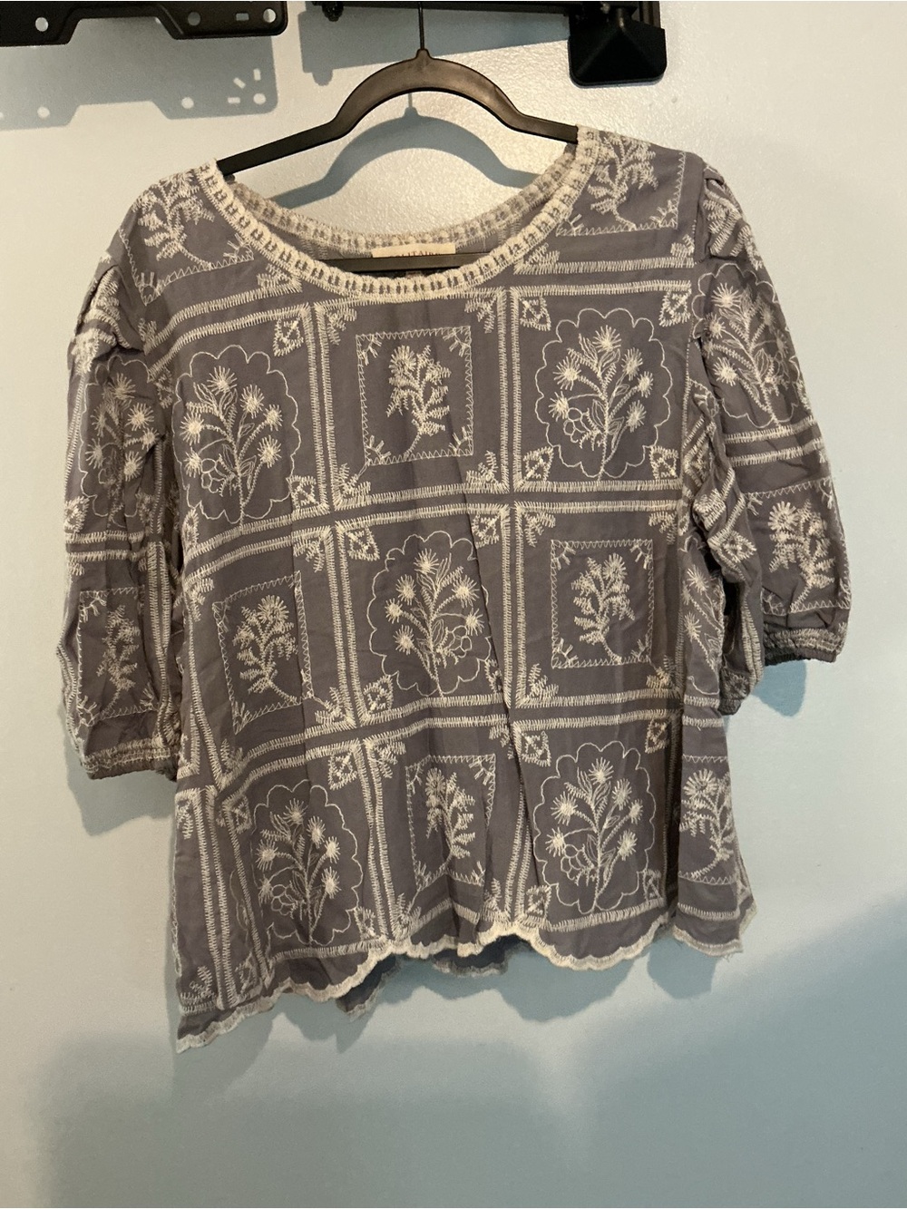 Solitaire Gray Embroidered Floral Blouse